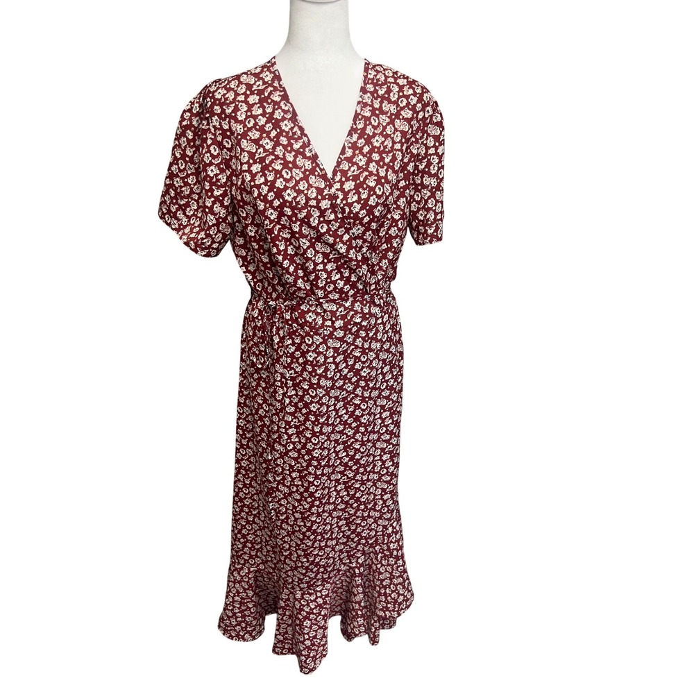 Boho PrettyGarden Wrap Maxi Dress Floral Ruffle Hem‎ Burgundy Sz L Cottagecore